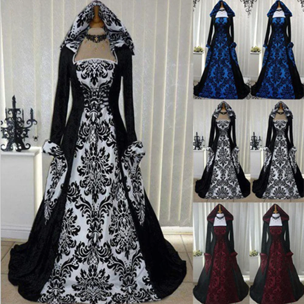 Gothic Hood Floral Dress Victorian Costume Women Dark Medieval Renaissance Queen Gown Robe Dress For Adult Plus Size