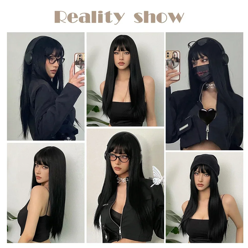 

Woman Wigs Long Silky Straight Synthetic with Bangs Black Cosplay Party Lolita Hair Wigs for Women Natural Heat Resistant Wig