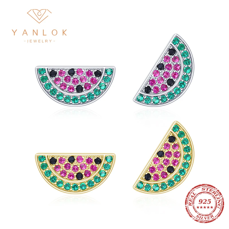 

YANLOK Genuine 925 Sterling Silver Colorful Multiple Zircons Watermelon Fruit Stud Earrings for Women Statement Jewelry