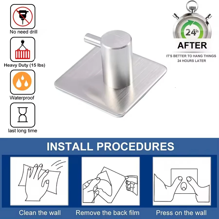 욕실 방 옷 모자 행어 주방 보관 로브 후크, 스테인레스 스틸 접착 벽 후크, 흡입 컵 후크