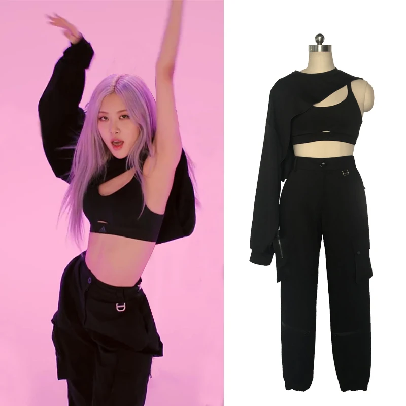 ROSE Kpop Black Slim Vest Tops Women One Shoulder Hoodies Women Korean Singer Hip-Hop Cargo Pants Straight Trousers Outfits