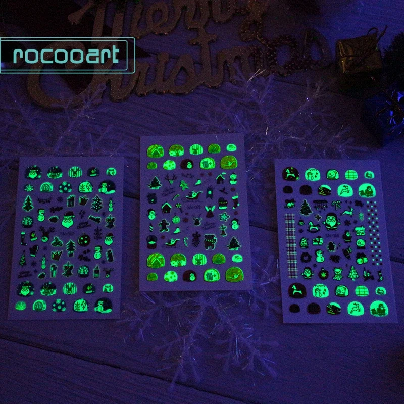 Rocooart-diseños luminosos de Navidad, tema navideño, Papá Noel, muñeco de nieve, pegatinas para arte de uñas, envolturas artesanales DIY, calcomanía para uñas de Año Nuevo, regalo