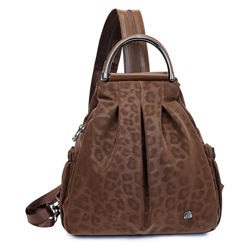 Pleated and patchwork women's backpack, retro hand-held travel leopard print chest bag, large capacity backpack