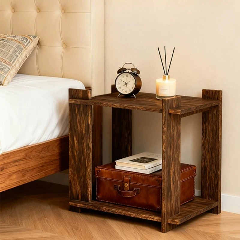 Wabi Sabi Solid Wood Side Table Minimalist Log Storage Rack Compact Household Organizer Alternative Nightstand Bedroom Furniture