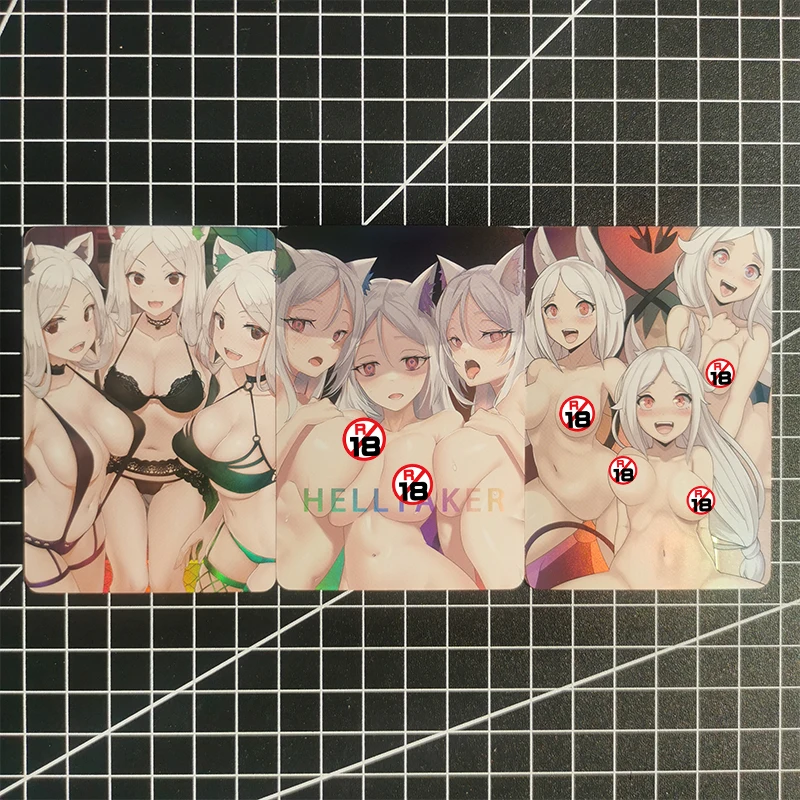 En Stock, 3 unidades/juego de tarjetas sexis de Chica de Anime Helltaker Cerberus Modeus Lucifer Judgment Azazel, tarjetas de juego de colección, regalos de navidad