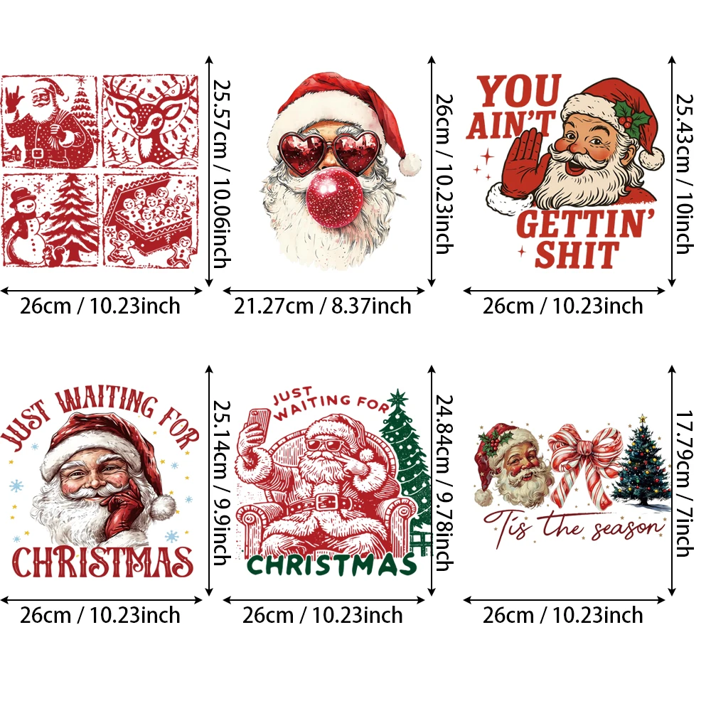 مجموعة مكونة من 6 قطع من ملصقات الفينيل المرنة والمضحكة لنقل الحرارة سانتا كلوز - مثالية للديكور بنفسك على الملابس (تي شيرتات، هوديي