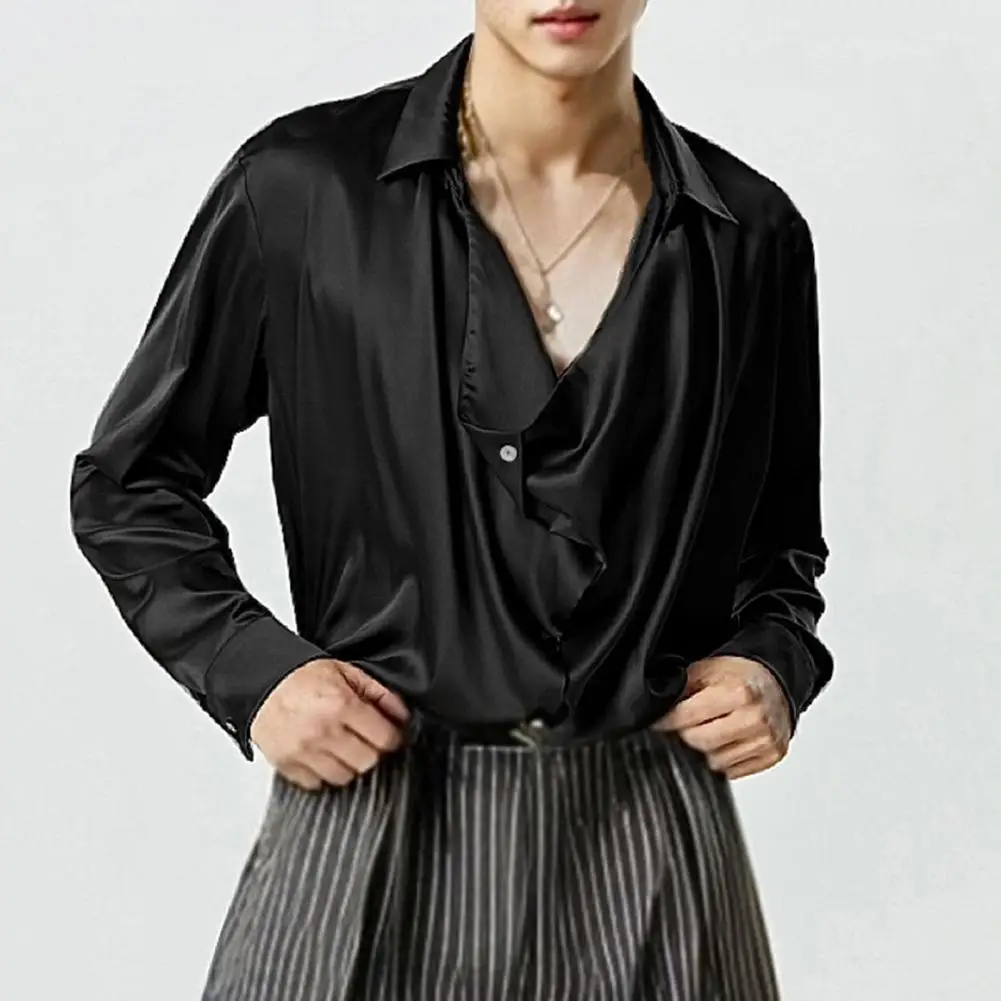 Long Sleeve Lapel Shirt Style Satin Party Shirt for Men with Baggy Front Design Lapel Collar Loose Fit Long Sleeve Club for Wear