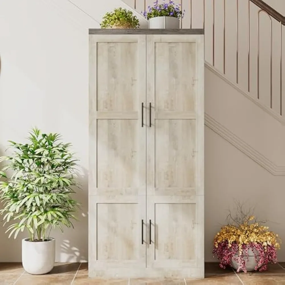

Large Wardrobe Closet, Farmhouse Clothing Storage Cabinet with Hanging Rod and 2 Doors, Wooden Tall Bedroom Armoires with Stora