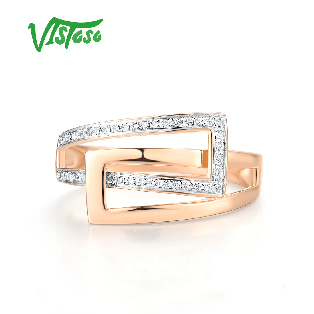 VISTOSO Genuine 14K 585 Rose Gold Ring For Women Sparkling Diamonds Simple Daily Wearring Gifts Chic Fine Jewelry