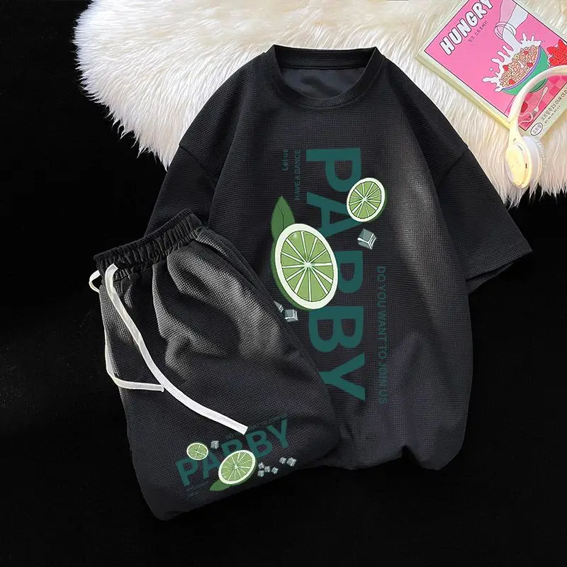 

This Year's Popular Youth Suit Summer Leisure Sports Short-sleeved T-shirt Shorts Men and Women A Complete Set of Pure Cotton