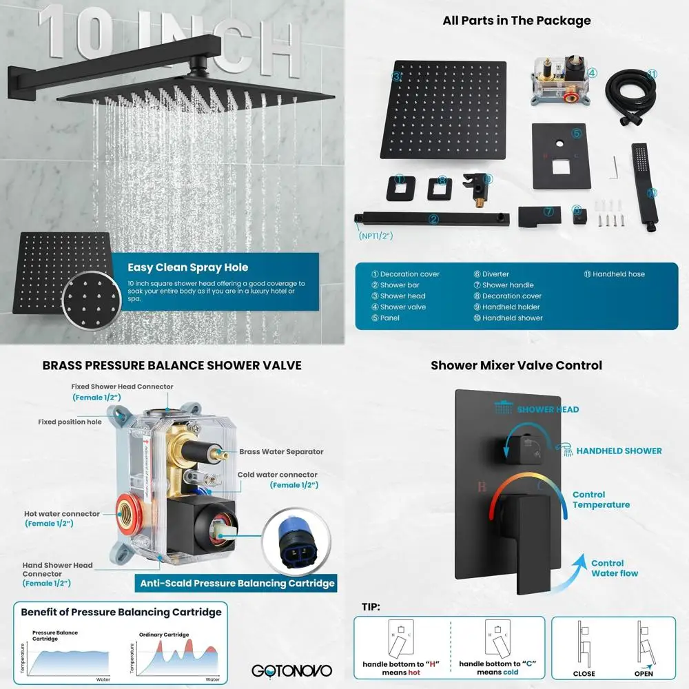 

10 Inch Matte Black Wall-Mounted Shower System with Rain Shower and Handle Set, Solid Brass Mixer