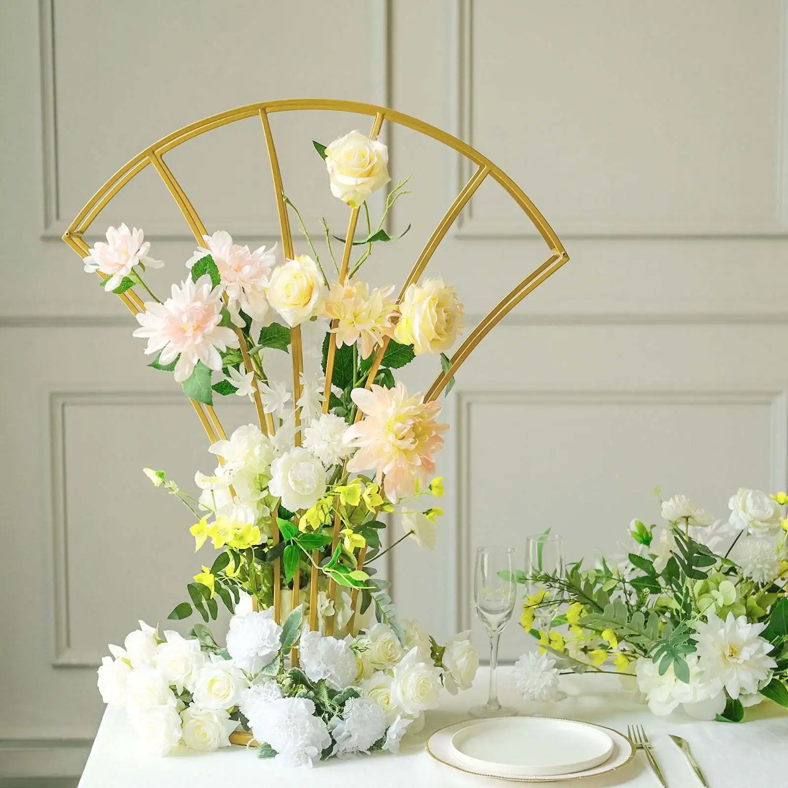 

32" Tall Golden Metal Wire Scalloped Fan Shape Flower Frame Stand, Floral Display Wedding Centerpiece, Valentine's Day Decoratio