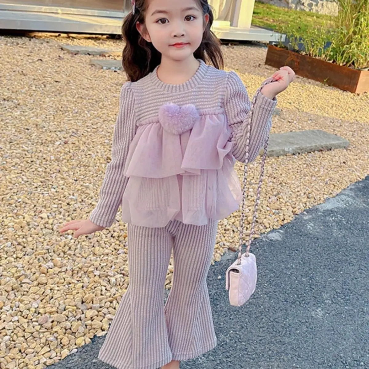 Girl Two Piece Set Autumn 2024 New Love Mesh Gauze Spliced Tops Bell-bottoms Lovely Casual Simple Fashion Sweet Korean Vintage