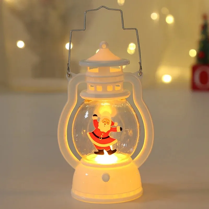 Christmas Table Lamp Portable LED Lantern with Santa Snowman Tree Patterns, Warm White Battery Powered Holiday Room Decor