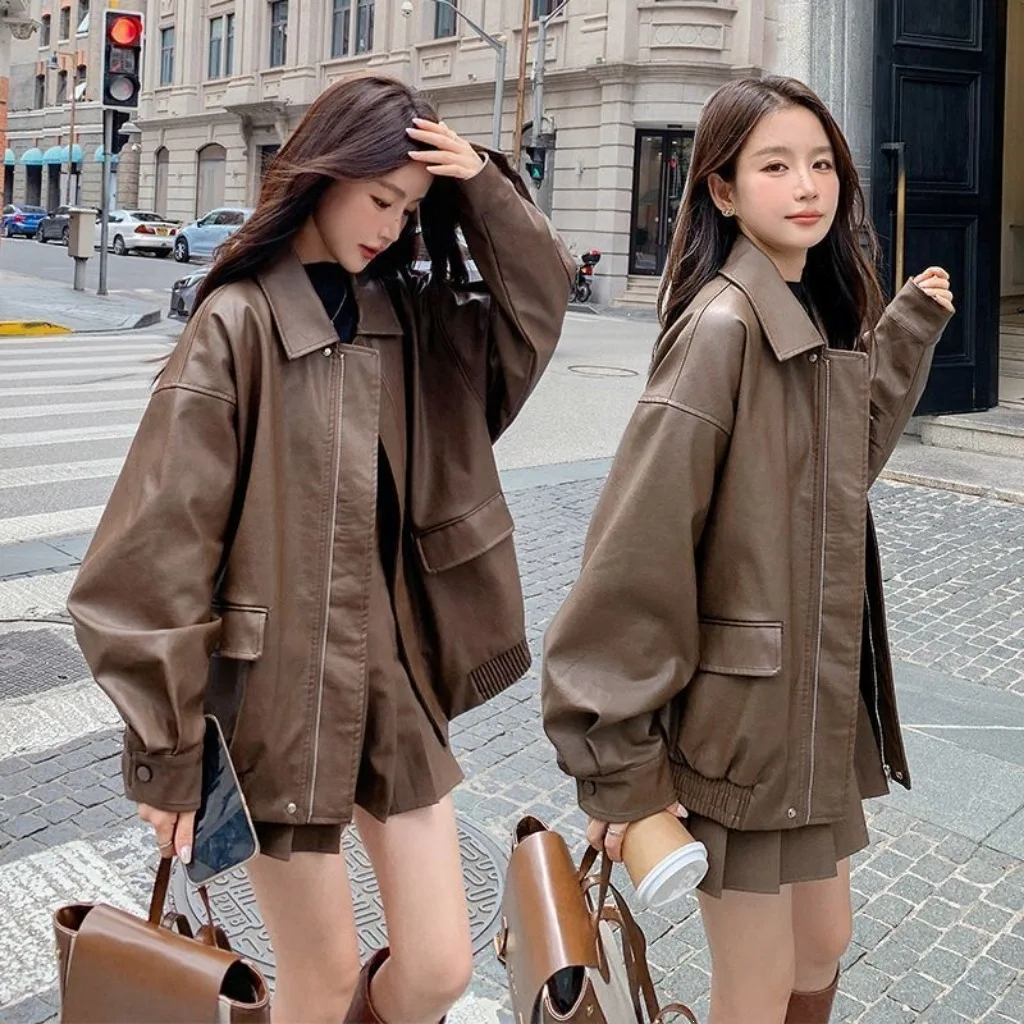 Black American Style Motorcycle Jacket Women's Spring Autumn PU Leather Retro Top Coat Thickened Flocking Regular Length