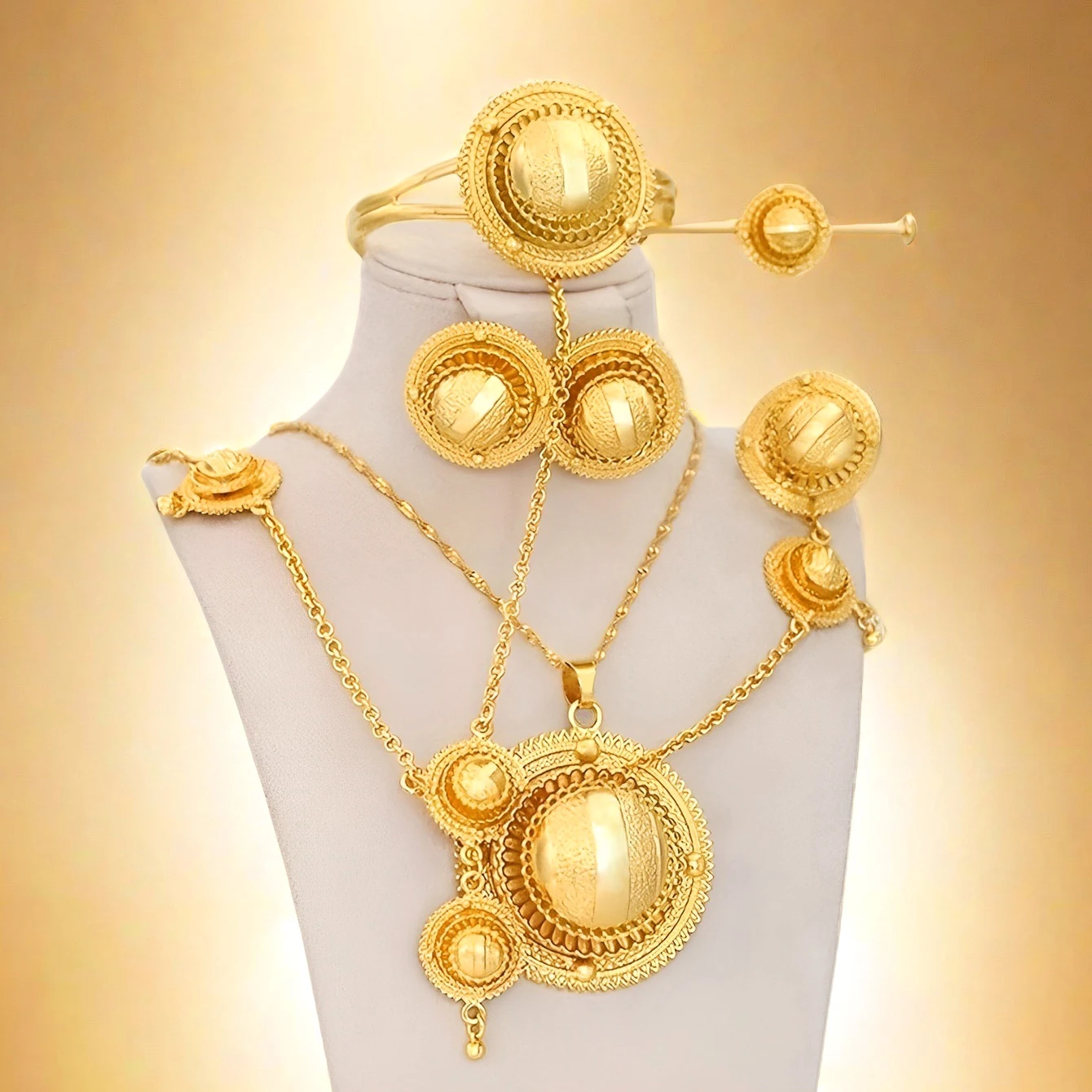 Juego de Joyería de Filigrana Chapada en Oro de Lujo, Collar, Brazalete, Aretes y Anillo Tradicionales Etíopes para Mujer, Regalo de Boda