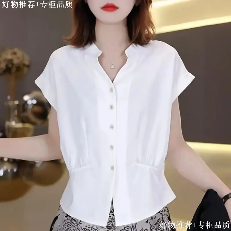 Elegant Women White V Neck Cap Sleeve Shirt Waist Cinched Loose Slimming Daily Casual Blouse