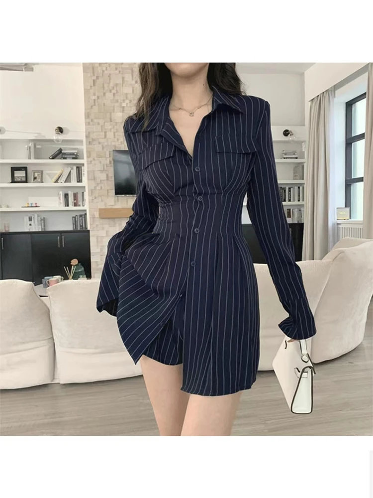 Women Vintage Classic Striped Design 2 Pieces Outfit Lapel Long Sleeve Slim Tunic Shirt+Female A-line High Waist Mini Shorts