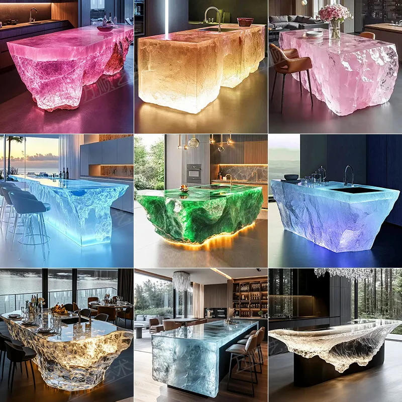 *Transparent Luminous Light Luxury Integrated Island Dining Table Resin Bar Table  Living Room Hotels Bars Company Front Desks