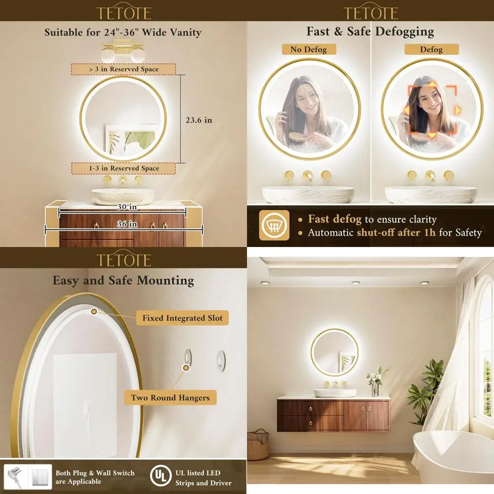 

24-дюймовое круглое зеркало для ванной с LED-подсветкой, 3-цветным постепенным затемнением, ударопрочное, CRI 90+, настенное крепление