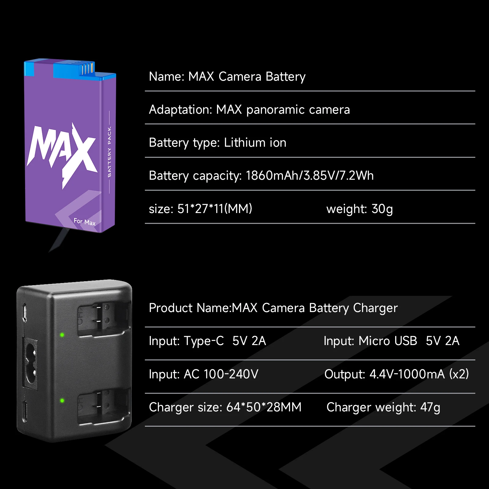 For Gopro Max Battery Dual Charger + 1860mAh Battery for GoPro Hero Max 360 Action 360 Panoramic Camera Batteries Accessories