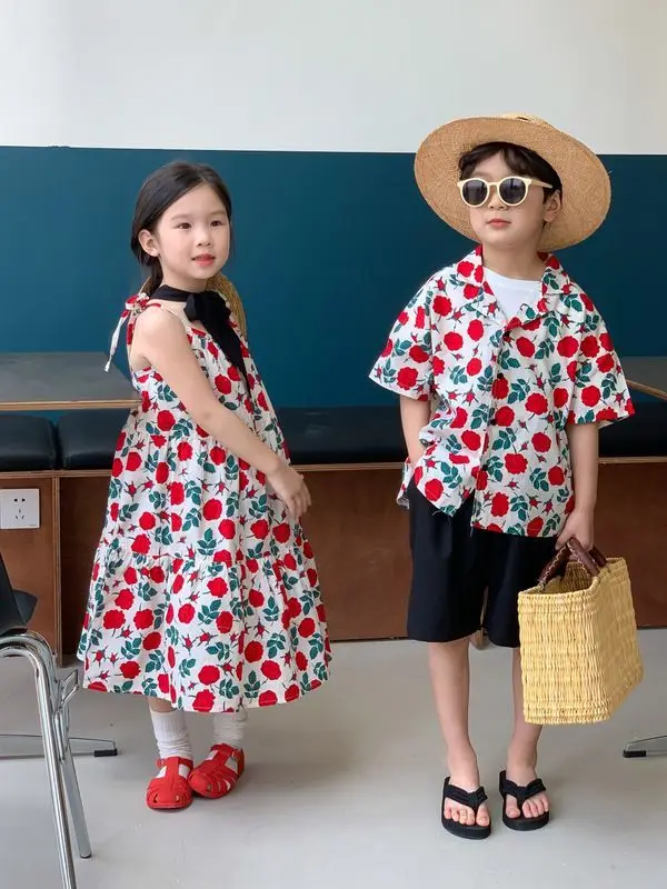 Siblings Outfit Children Summer Girls Retro Floral Suspender Dress Boys Short Sleeved Floral Shirt Set Siblings Outfit
