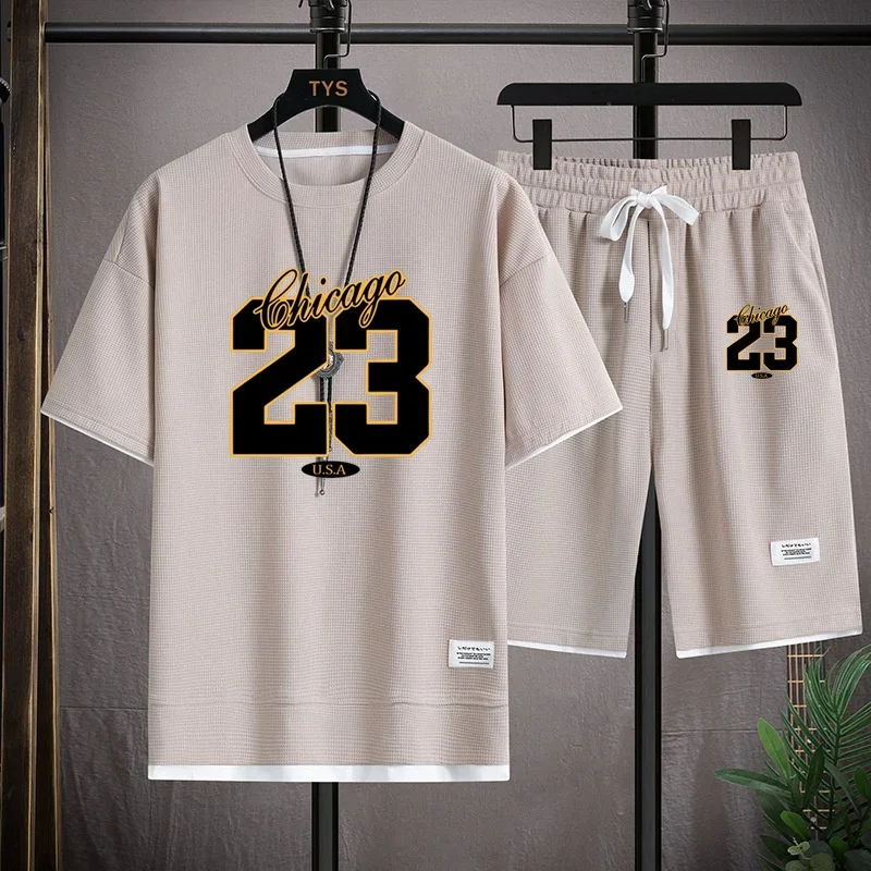 2025 メンズ夏フィットネスランニングカジュアルスポーツウェアセット速乾性通気性半袖 T シャツ + ショーツ 2 点セット