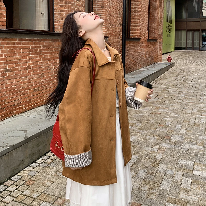 

Женские куртки средней длины SuperAen Suedette в корейском стиле, весна и осень 2024, новые повседневные пальто с длинными рукавами