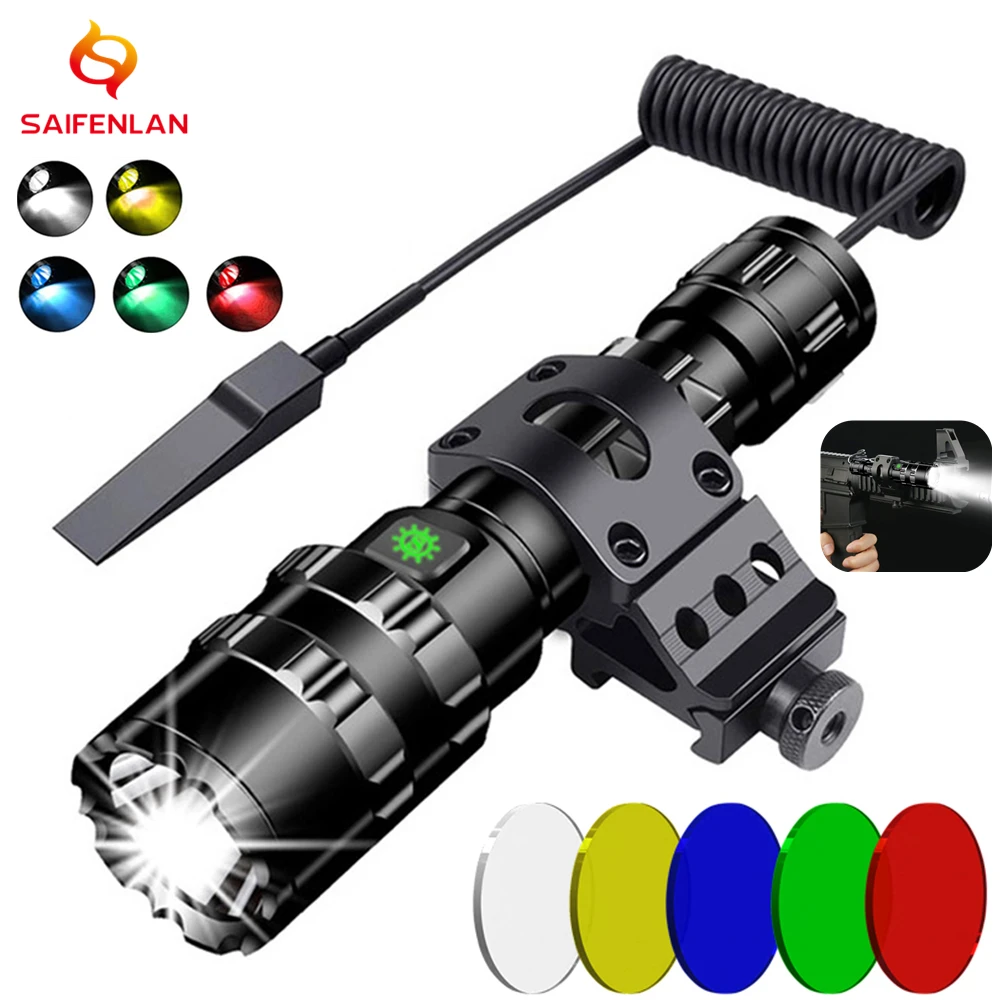 LED Tactical Hunting Torch Flashlight 18650 Aluminum Waterproof Outdoor Lighting with Gun Mount +Switch USB Rechargeable Lamp