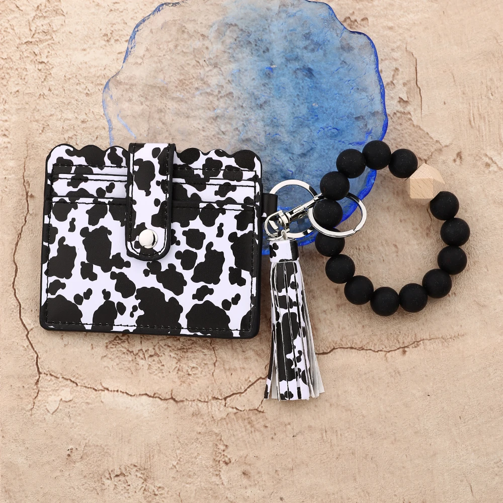 Women's Silicone Bead Bracelet Marble Pattern Pu Leather Card Holder Purse Cow Print Tassel Beads Wristlet Wallet Keychain