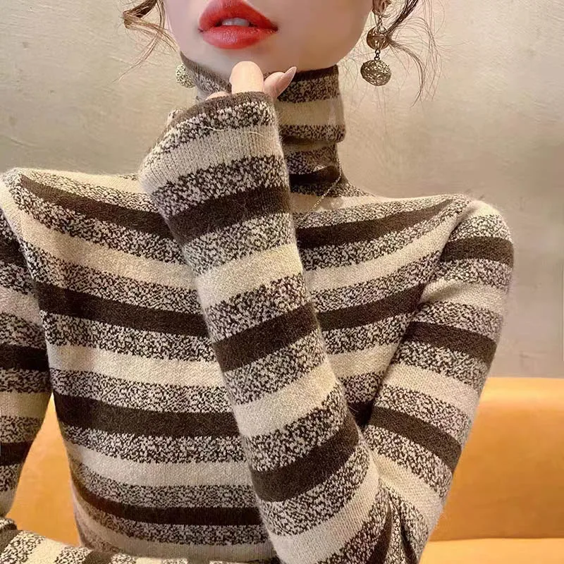 Women Striped Turtleneck Fashion Sweaters Female Top 2024 Spring New Simple Soft Comfortable Vintage Knitwear Slim Pullovers