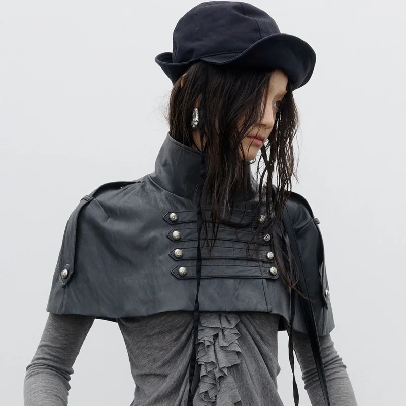 HKSH Women PU Leather Cape Coat Vintage Dark Style Patchwork Double Breasted Design Fashion High Street Punk Short Cloak HK27578