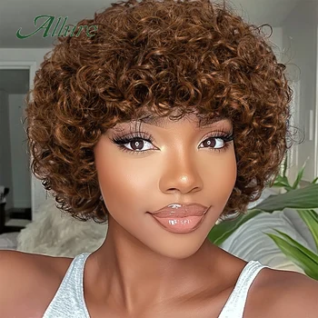 Brazilian Short Pixie Afro Kinky Curly Wigs for Women Glueless 99j Colored Hair Bob Wig With Bangs 10 inch Human Hair Wig Allure