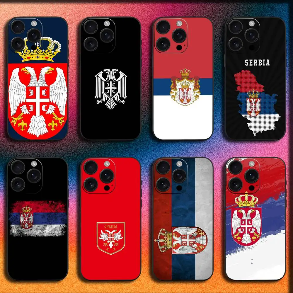 เคสโทรศัพท์ลายธงชาติเซอร์เบีย สำหรับ iPhone 17,16,15,14,13,12,Pro,Max,Plus,E,SE4,Air,Mini สีดำ