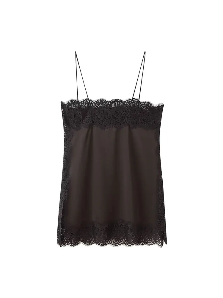 TFAFXY Vintage Casual Donna Marrone Abito in pizzo solido Cami Top corto Gonna lunga dritta allentata Nuova moda 2025 Set per le vacanze