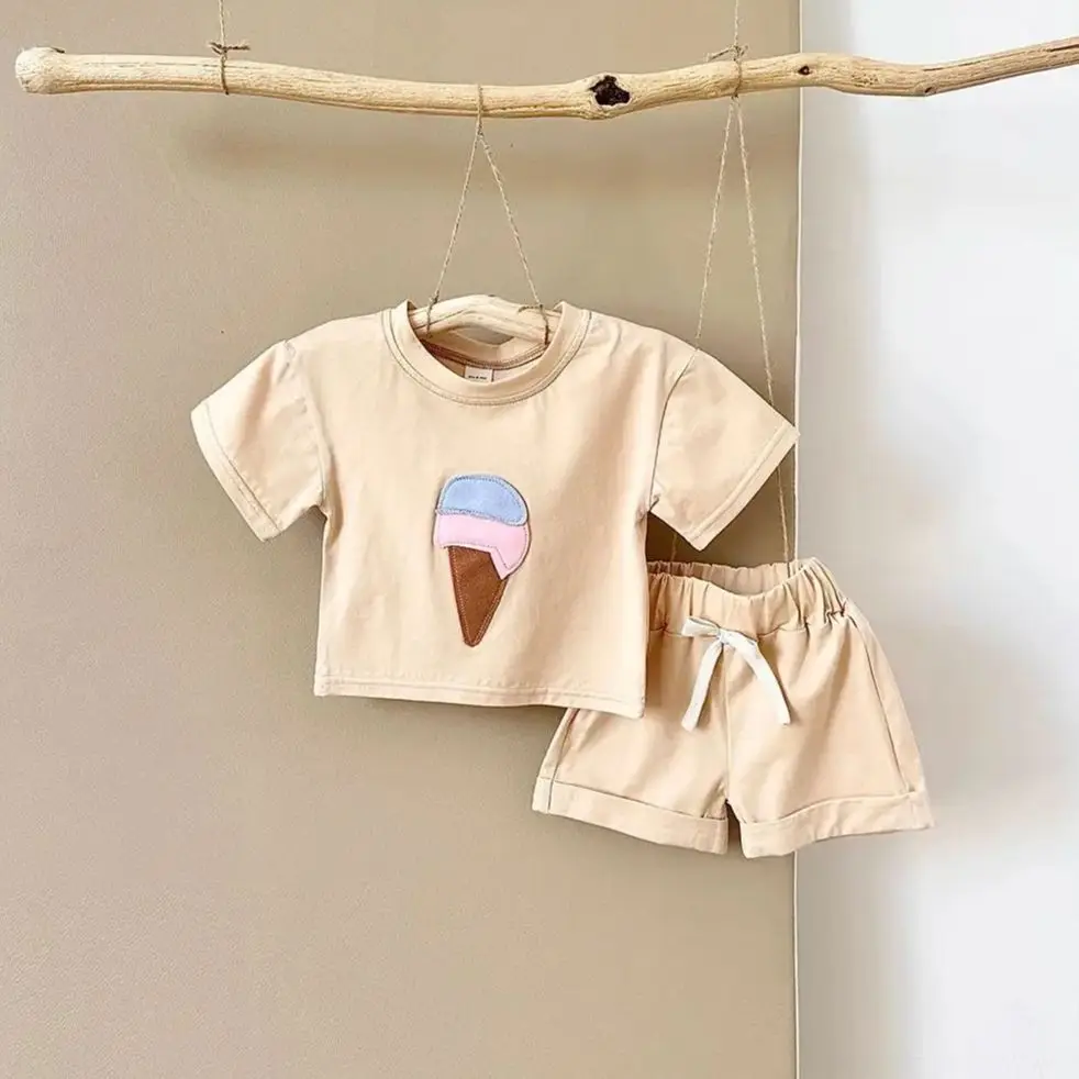 INS Summer Baby Clothes Set Newborn 2PCS Ice Cream Print Round Neck T-shirt+Sports Shorts Boys Girls Infant Toddler Outfit Set