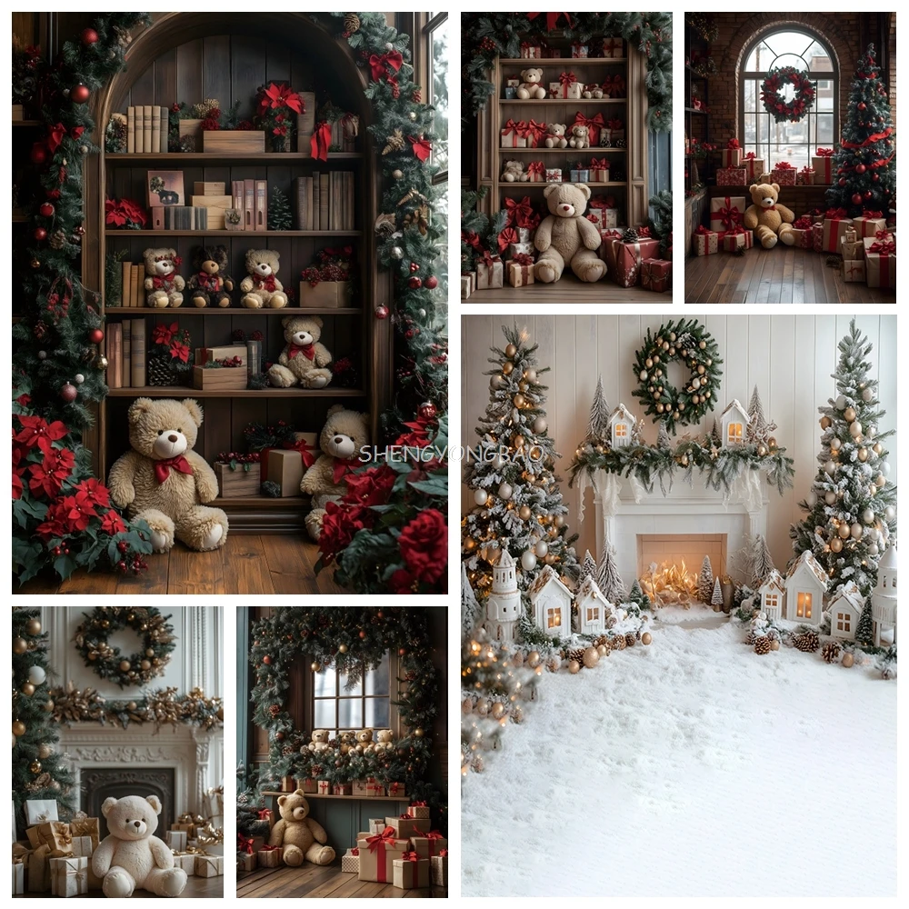 

Christmas Doll Bear Photography Background Gifts Tree Wall Home Wooden Floor Children Baby Photo Shoot Prop Room Decoration Gift