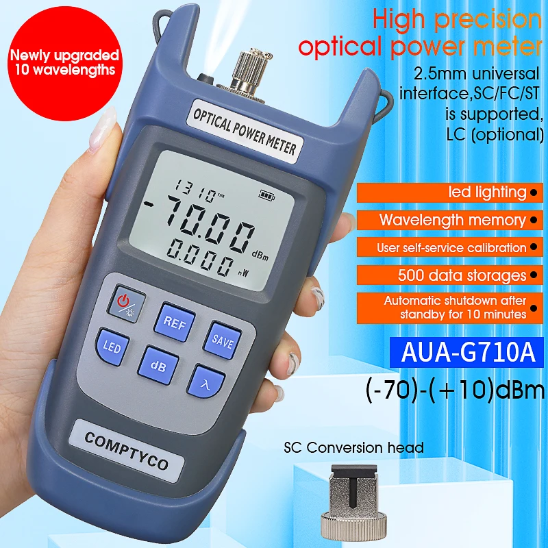 

Измеритель оптической мощности COMPTYCO AUA-G710A/G510A (OPM), тестер оптоволоконных кабелей, инструмент для тестирования оптоволокна FTTH -70~+10 дБм/-50~+26 дБм