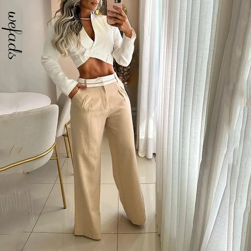 Wefads 2 Piece Set Women Office Casual Solid Laple Long Sleeve High Waist Single Button Shirt Loose Wide Legs Pants Sets Female