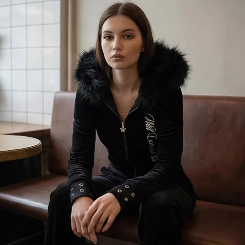 Y2K Gothic Punk Cropped Hooded Jacket, Slim Zip‑Up Velvet Outerwear, Faux Fur Big Hood Solid Black, Grunge Streetwear Daily Part