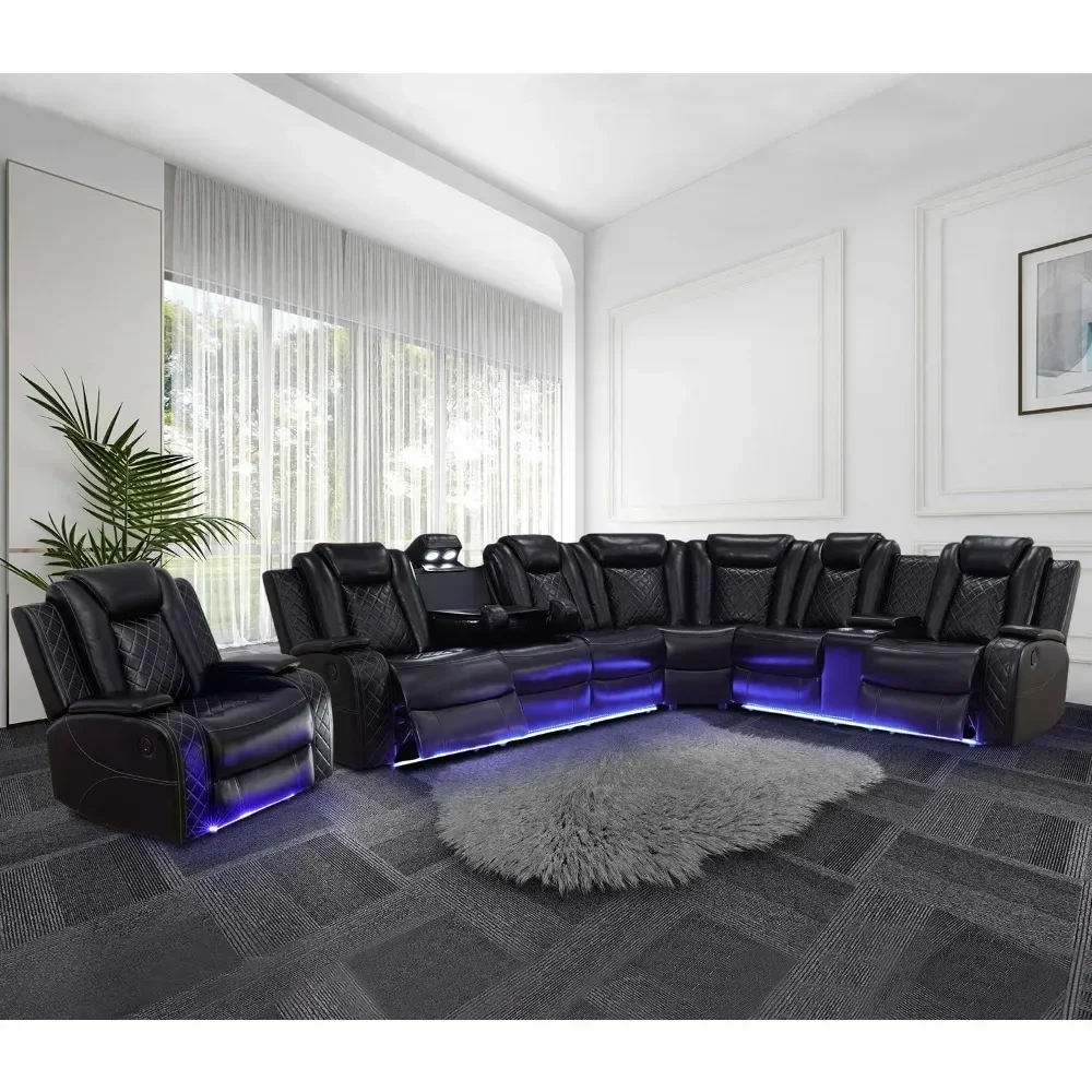 

Power Recliner Sofa Sectional Couches with LED Light for Living Room,Leather Reclining Corner Sectional Sofa Set with 3Recliner