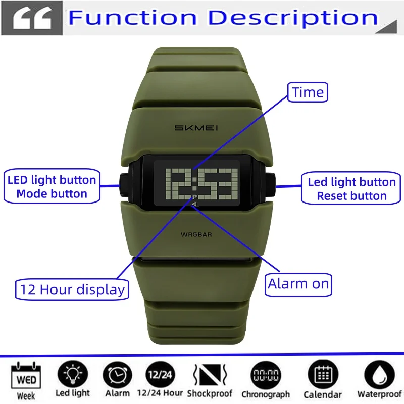 SKMEI Waterproof Outdoor Sports Watches for Men Fashion Multifunction Alarm Chrono LED Digital Wristwatches Simple Style