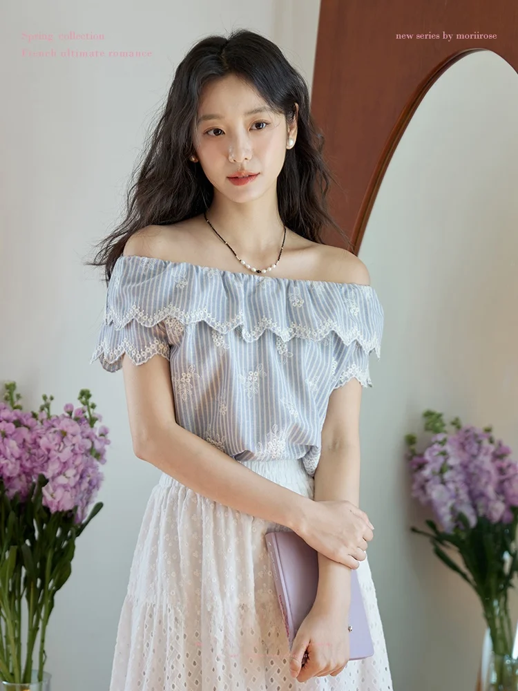 Moriirose Blue Striped Embroidered Women's Shirt Summer Vintage Two-Way Wear Design Sense Blouse Commute Style Polyester Cott...