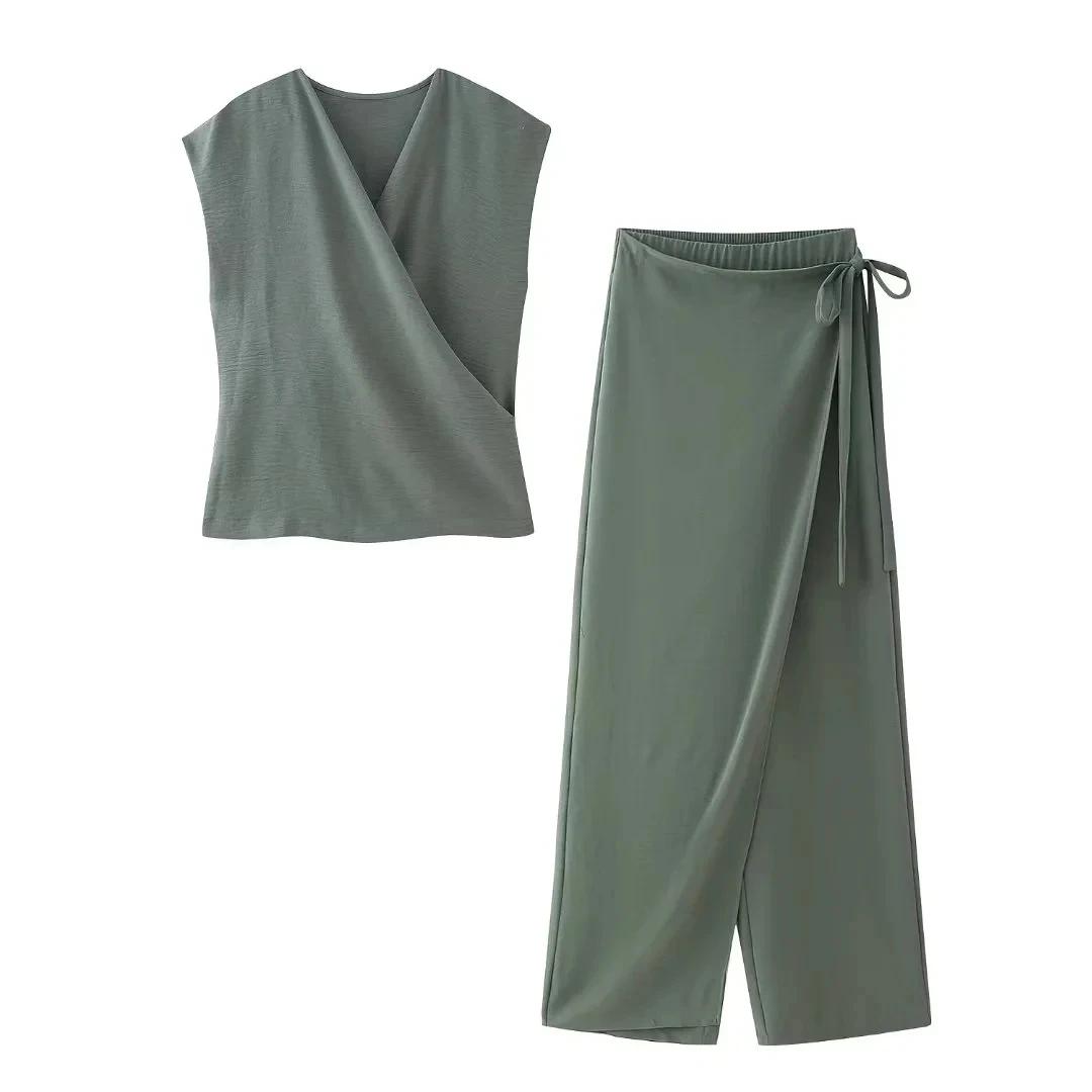 2024 Woman Trouser Set Solid V-Neck Sleeveless Shirt Top + High Waist Chic Lace Up Women\'s Wide Leg Long Pant Streetwear