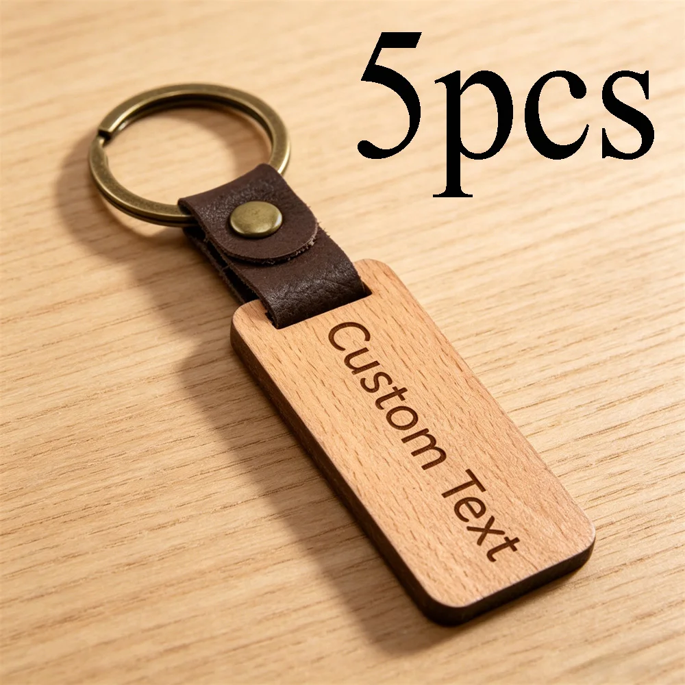 Custom Text Solid Wood Leather Keychain, Personalized Name Key Ring
