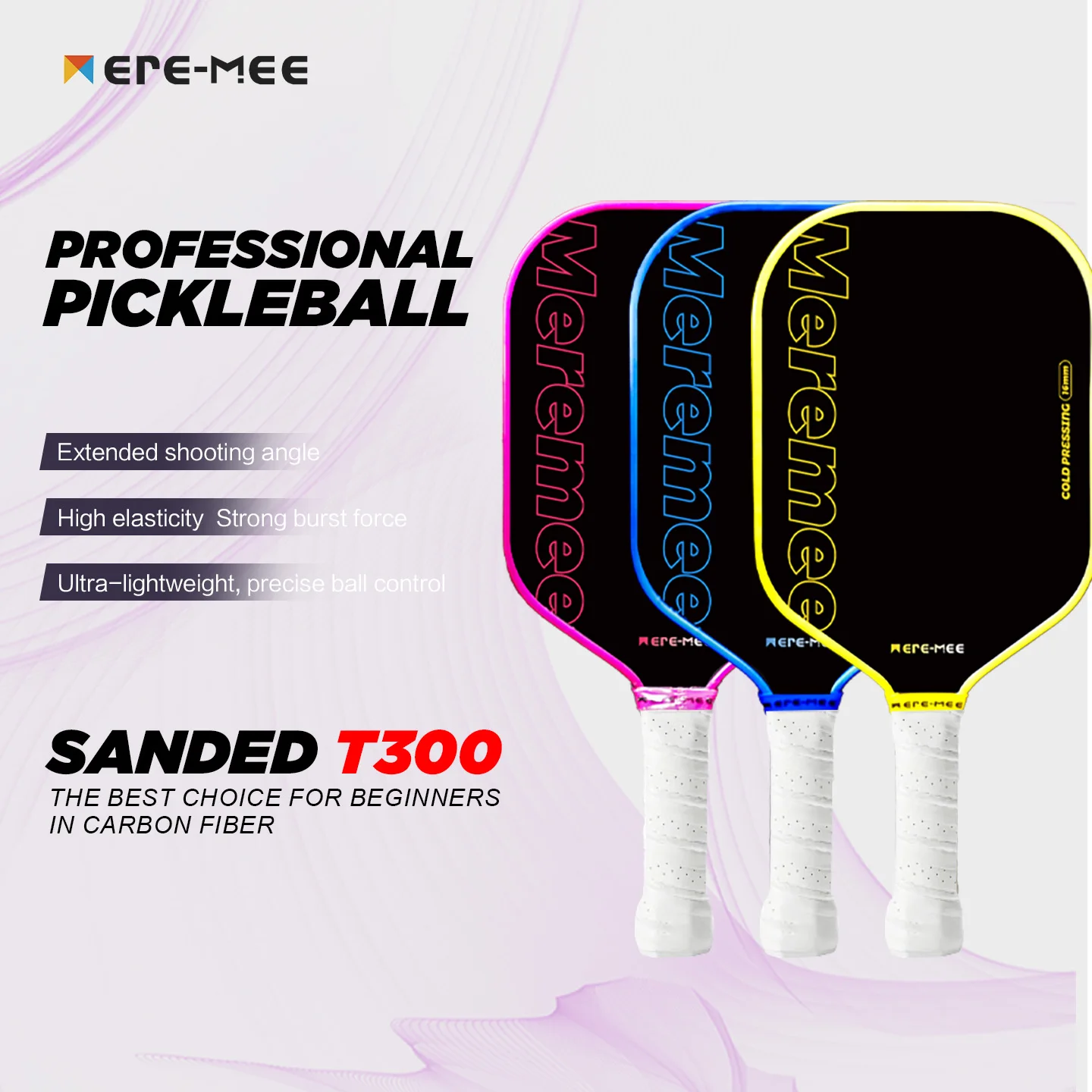 

Теннисная ракетка Mere-Mee Sanded T300 из углеродного волокна с флуоресцентным ярким цветным дизайном края и текстурированной поверхностью для начинающих игроков в пиклбол.