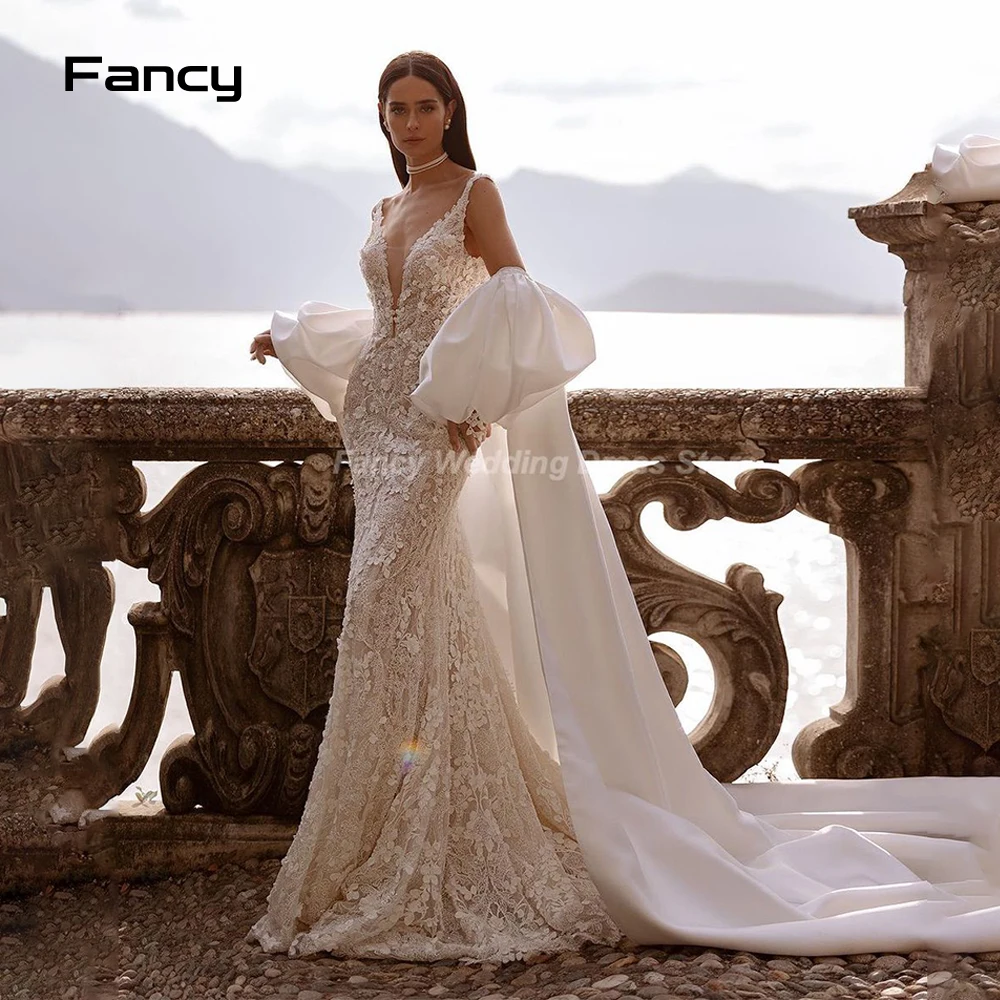 

Fancy Graceful Lace Applique Mermaid Wedding Dress With Long Shawl Floor Length Puffy Sleeve Bridal Gown Custom Made