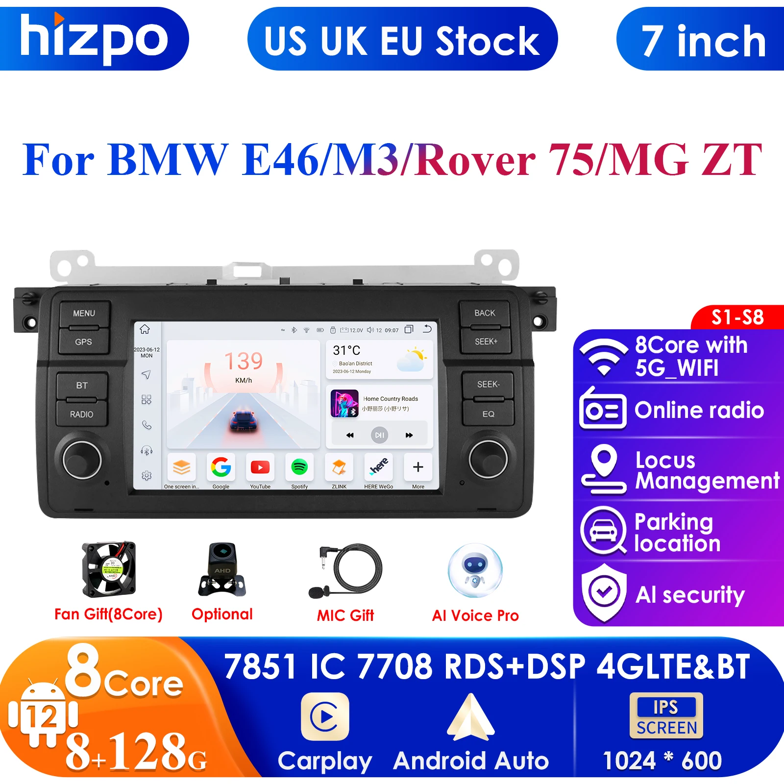 7''DSP System 2 Din Android 13 Auto Radio Car Multimedia Player For BMW E46 M3 318/320/325/330/335 CarPlay 4G GPS 2din Autoradio