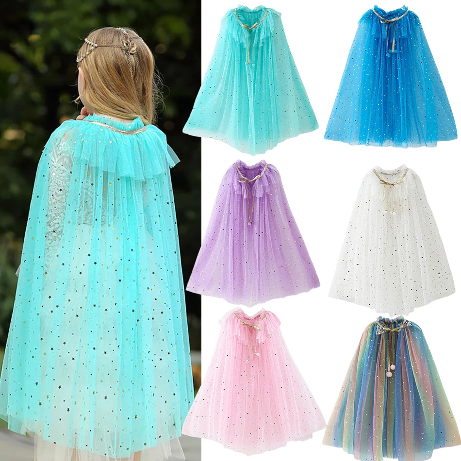 Little Girls Sequins Tulle Cape Children Princess Party Dress Up Cloaks Summer Thin Blue Pink White Halloween Birthday Costumes