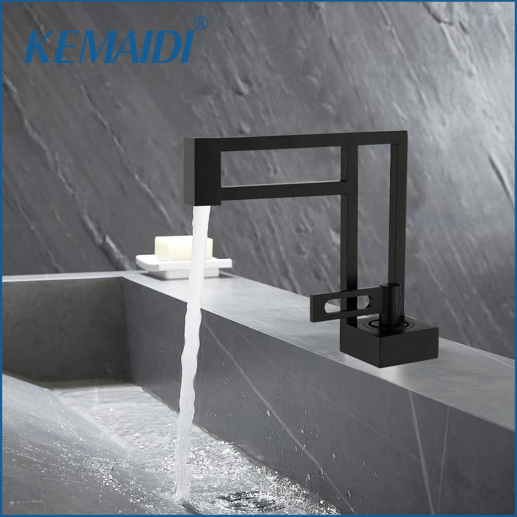 

KEMAIDI Matte Black Bathroom Basin Sink Faucet Single Lever Hot and Cold Waterfall Mixer Faucets Deck Mounted Brass Tap